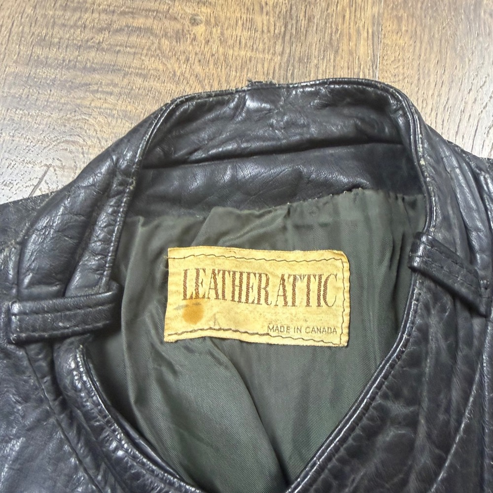 Vintage 80s Leather Attic Black Leather Racer Biker Jacket Made in Canada M/L - Picture 2 of 10